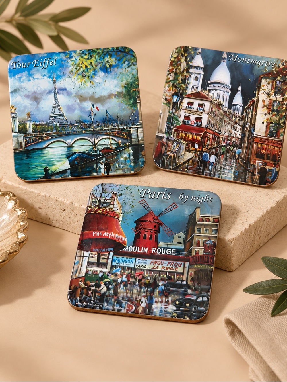 Paris France Souvenir Coaster Set Eiffel Tower Montmartre Moulin Rouge Set of 3